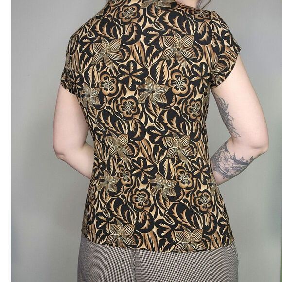 90s Vintage Y2k Brown Black Hibiscus Flower All Over Print Tropical Shirt Sz S - Picture 5 of 6